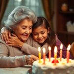 Babcia z wnuczką i tortem urodzinowym - krótkie życzenia urodzinowe dla wnuczki